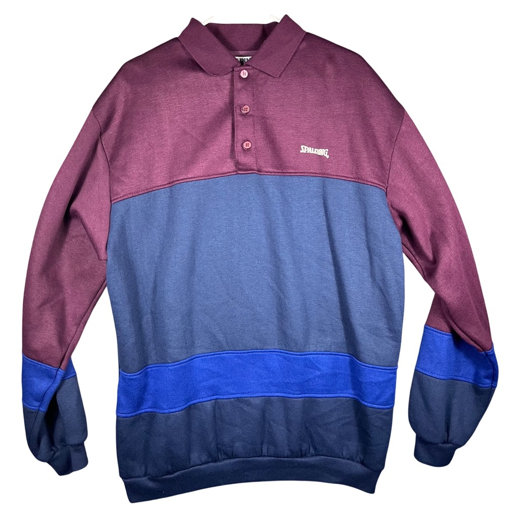 Spalding‎ Polo Sweatshirt Mens XL Burgundy Navy Blue Colorblock Vintage Athletic